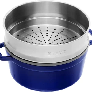 Staub Cocotte Rund Aus Gusseisen Mit Dämpfeinsatz In Dunkelblau 13
